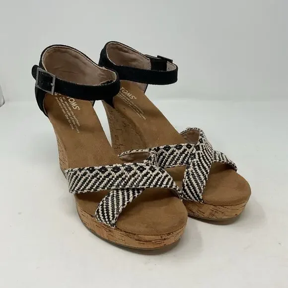 Toms Sienna Wedge Sandal Womens 7.5 Black Strappy Ankle Strap Cork Platform - Picture 1 of 13